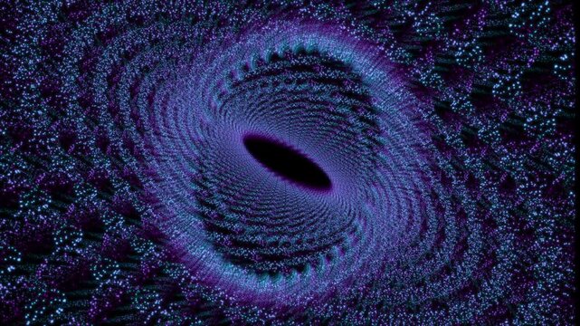 Abstract digital vortex of luminous blue and violet particles forming a dynamic spiral field