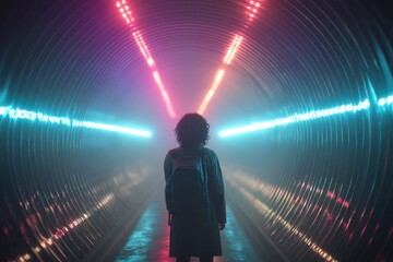 A person standing inside of a colorful, illuminated tunnel, bathed in neon light