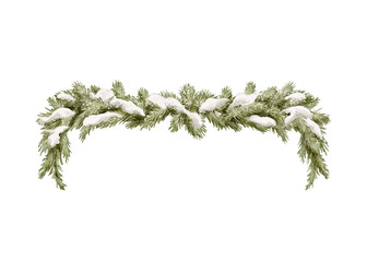 Watercolor vintage Christmas branches of coniferous snow-covered trees with snow natural frame border isolated on white background. Watercolor and pencil hand drawn illustration sketch