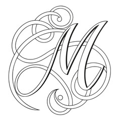 Elegant monogram design featuring the letter M with intricate swirls  
