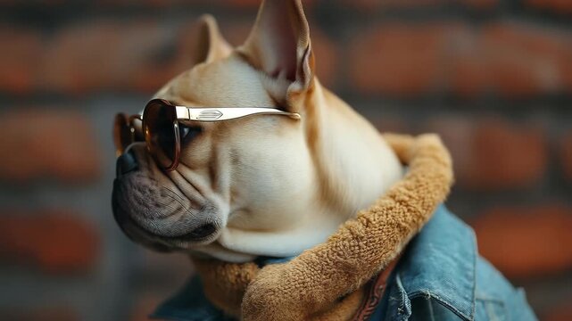 Stylish French bulldog wears glasses and cozy scarf against a brick wall backdrop in an urban setting