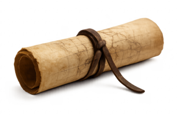 Old rolled scroll treasure map tied with leather strap