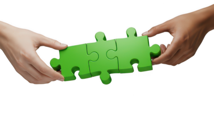 Hands connecting two green jigsaw puzzle pieces on transparent background, PNG