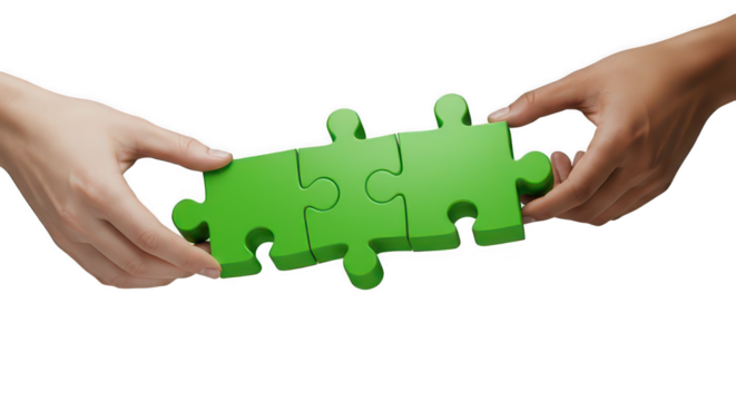 Hands connecting two green jigsaw puzzle pieces on transparent background, PNG