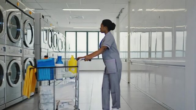 Cleaning worker with a cleaning cart.