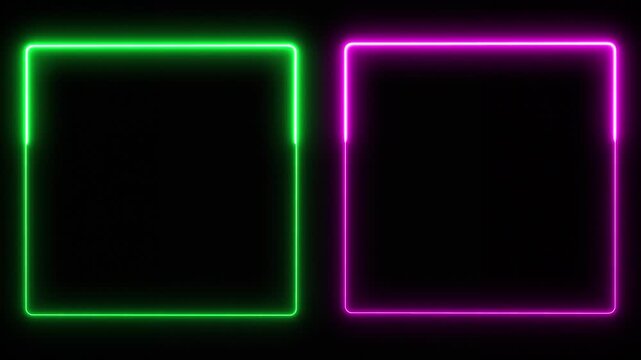 Abstract neon line picture frame background, Rectangular square frame Animation. Green and Pink Neon Colours Gradually Appearing in Two square rectangle Frames
