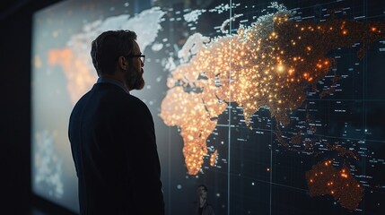 Man analyzing glowing world map display with digital data points