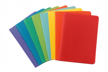 Vibrant folders creating a rainbow spectrum for organized academic documents and office stationery, transparent background
