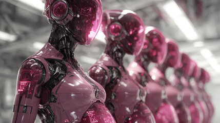 Futuristic robots tending to artificial human growth in cutting-edge agricultural facility