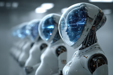Futuristic robotic technology depicting pregnant robots with human growth concept in advanced sci-fi setting for innovative design usage