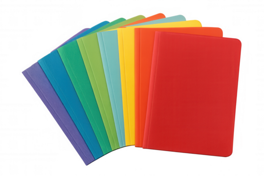 Vibrant folders creating a rainbow spectrum for organized academic documents and office stationery, transparent background