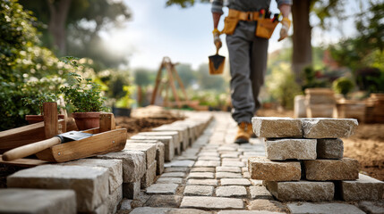 Gardener laying stone pathway in lush garden setting with tools and plants