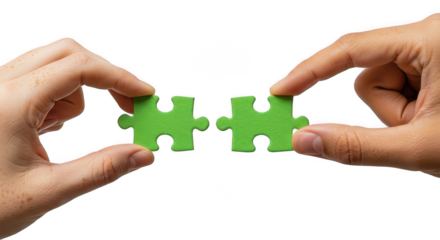 Hands connecting two green jigsaw puzzle pieces on transparent background, PNG
