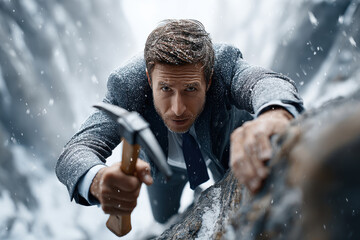 Determined businessman climbs icy mountain with pickaxe in snowy winter adventure
