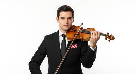 Austrian national day professional violinist performing classical music concert in suit with violin and bow on white background