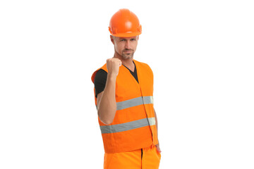 Man construction worker. Strong fundament. Workman isolated on white. Man builder engineer. Construction builder. Labor day. Civil engineer man. Repairman in uniform. Supervisor or worker man