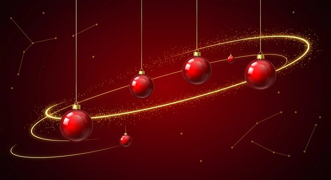 Christmas Planet Ornaments on Gold Orbit Ring with Red Space Background