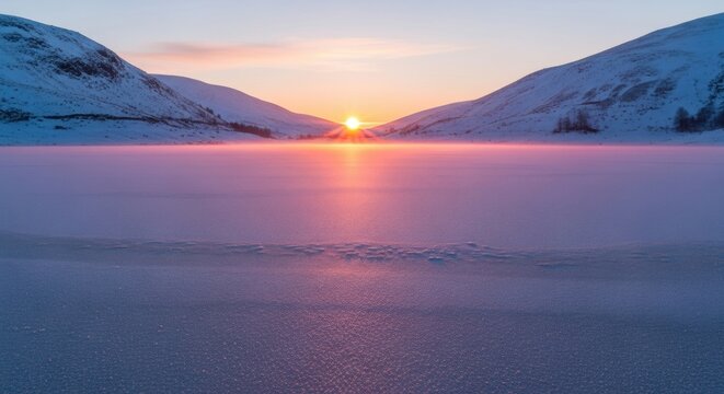 Experience the serene beauty of a winter sunrise over snow-covered mountains and a frozen lake, perfect for travel inspiration and scenic landscape backgrounds