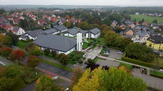 Aerial Freiberg Germany LDS Temple front 1. The Church of Jesus Christ of Latter-day Saints, LDS or Mormon religion. Urban rural neighborhood. Christian religious groups, Europe.