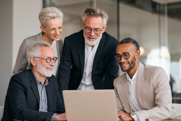 Diverse generations of professionals work with positive, inclusive energy. The minimalistic studio setup and cinematic depth create a refined elegance.