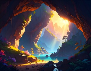 Sunlit cave opening to a serene valley