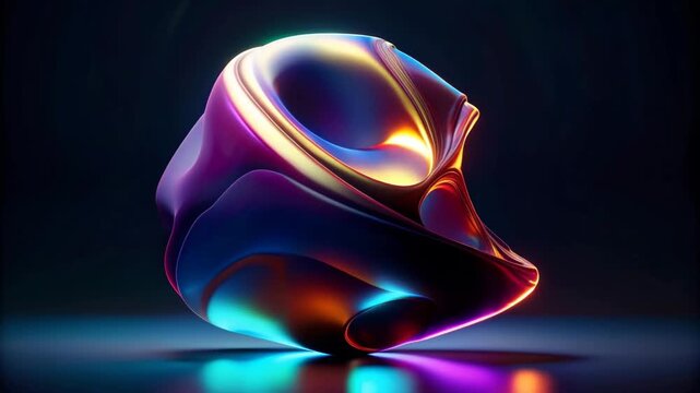 Abstract iridescent amorphous fluid shape glowing with vibrant neon light reflections on dark