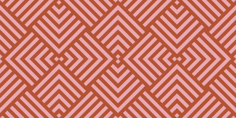 Geometric lines vector seamless pattern. Trendy funky texture with stripes, squares, chevron, arrows, lines, tiles. Abstract red and pink linear graphic background. Stylish ornament. Repeating design