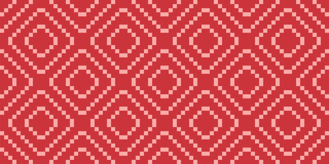 Vector geometric traditional ethnic ornament. Elegant Christmas seamless pattern. Pink and red ornament with folk motif. Simple background texture with squares, embroidery style. Repeating geo design © Olgastocker