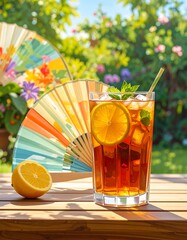 Iced tea in a glass, garnished with lemon and mint, on a wooden patio table, with a vibrant garden and paper fan in the background