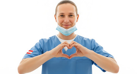 Austrian national day loving healthcare worker doctor nurse with face mask making heart shape isolated on white background