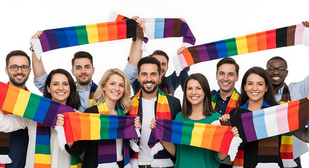 Austrian national day diverse group celebrating lgbtq pride holding rainbow scarves in a show of support and community spirit