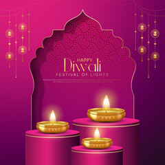 Happy Diwali - Vibrant Festival of Lights Celebration Background Poster Design With Decorative Diya.Indian Hindu Light Festival. Holiday Background. Vector Illustration.