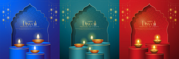 Naklejka na ściany i meble Happy Diwali - Vibrant Festival of Lights Celebration Background Poster Set Design With Decorative Diya.Indian Hindu Light Festival. Holiday Background. Vector Illustration.