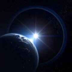 Cosmic sunrise, Earth and ringed planet.  Vast space, a brilliant sunrise.  Earth detailed, another planet rings a space