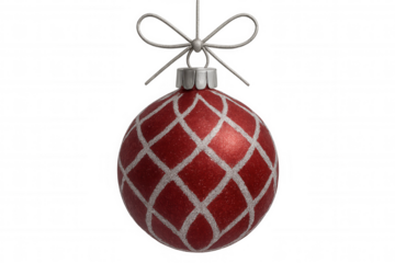 Red glitter christmas ornament hanging with silver bow, celebrating winter holidays and festive season, transparent background