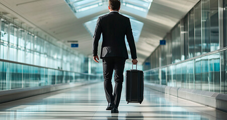 Fototapeta na wymiar A rear view of a man in a suit walking through a futuristic airport terminal with a suitcase. Conceptually, it explores business travel, modern architecture, and travel.