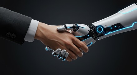 Human and Robotic Hand Shaking, Symbolizing Collaboration Between AI and Humanity in the Future of Technology