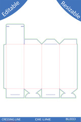 Tall packaging box die cut template with angled flaps and red creasing lines