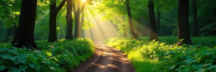 Serene Sun-Dappled Forest Path Tranquil Walk Through Lush Green Foliage, Sunlight Filtering Through Leaves, Magical Atmosphere, Perfect for Travel and Nature Photography
