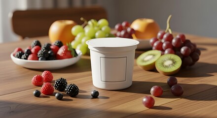 A container of yogurt surrounded by fresh fruits like berries, grapes, and kiwi on a wooden table