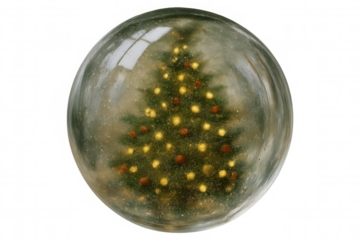 Snow globe containing a decorated christmas tree with glowing lights and ornaments, shimmering particles falling inside glass