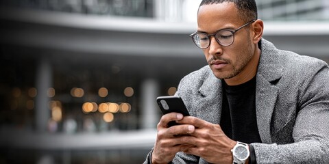 Focused businessman using smartphone in modern city environment, symbolizing dedication, intelligence and communication – ideal for corporate, tech or startup visuals.