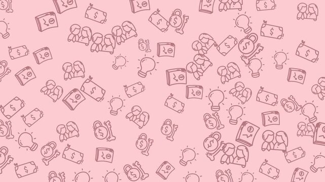 Pink background with a pattern of various finance and banking icons in a minimalist style