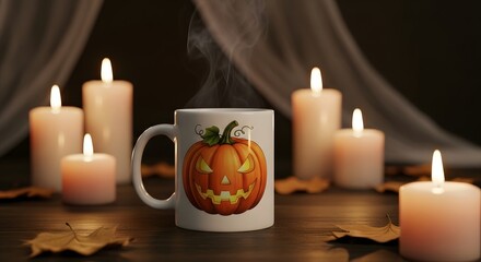 A steaming mug with a carved jackolantern face sits on a wooden table surrounded by lit candles and autumn leaves