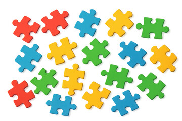 Naklejka premium Scattered colorful puzzle pieces finding connections on transparent background