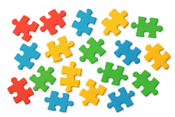 Scattered colorful puzzle pieces finding connections on transparent background