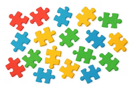 Scattered colorful puzzle pieces finding connections on transparent background - Powered by Adobe