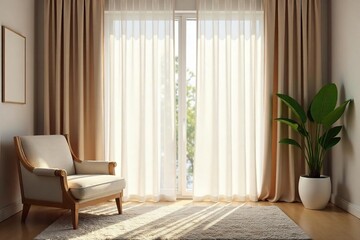 Sheer Curtains Filter Sunlight in Bright Contemporary Living Room, Creating a Warm and Inviting Atmosphere