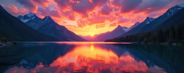 Fiery Sunset Hues Reflecting on Tranquil Lake, Majestic Mountains, Awesome Nature Scene