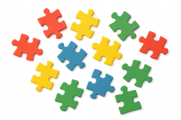 Colorful puzzle pieces scattering on transparent background